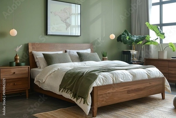 Fototapeta cozy minimalist bedroom with sleek furniture and Scandinavian design aesthetic.