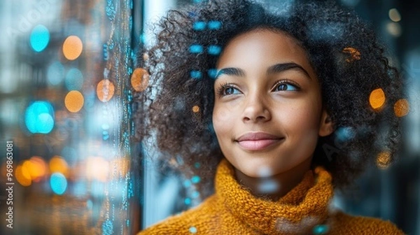 Fototapeta Afro woman looking out the window while it's raining