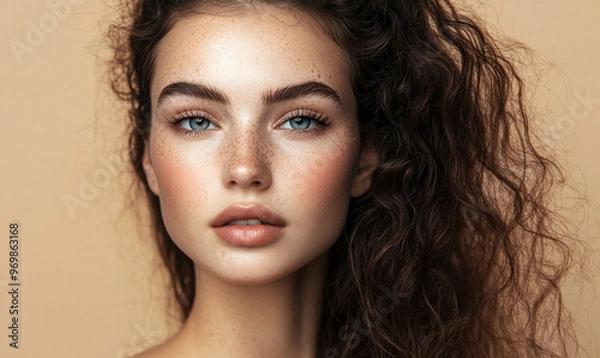 Obraz Close up portrait of a young woman with freckles and long curly hair, with a soft and natural makeup look, against a neutral background, perfect for beauty, fashion, and skincare advertisements