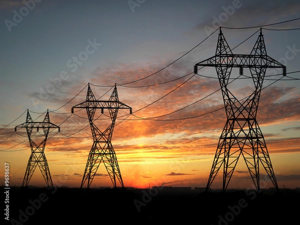 Obraz Elektryczne linie energetyczne nad wschodem słońca