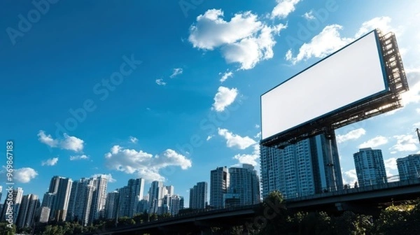 Fototapeta Empty billboard in urban setting against a clear blue sky, showcasing a modern cityscape with skyscrapers and fluffy clouds.
