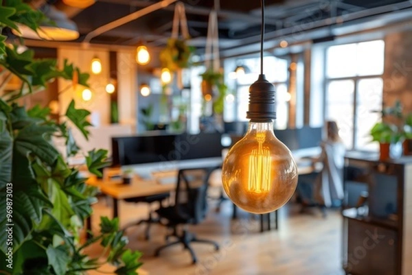 Obraz A dimly lit office with a single light bulb hanging from the ceiling,generative ai image