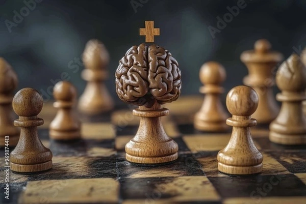 Fototapeta A chessboard with a brain on top of a pawn, representing the power of brain training to enhance memory and focus.  The surrounding pawns symbolize the challenges we face, while the brain strategically
