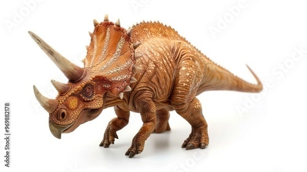 Fototapeta A brown, detailed dinosaur model with three horns on its head.