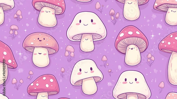 Fototapeta Adorable magical mushrooms showcasing cute kawaii character designs in a lively cartoon vector illustration, created as a seamless pattern. for whimsical textiles and enchanting children’s decor
