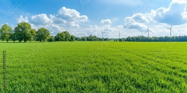 Fototapeta in the springtime, a sunny day in farmland with fields in the foreground and wind turbines in the distance, covered with sporadic clouds