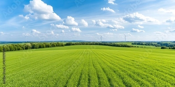 Fototapeta in the springtime, a sunny day in farmland with fields in the foreground and wind turbines in the distance, covered with sporadic clouds