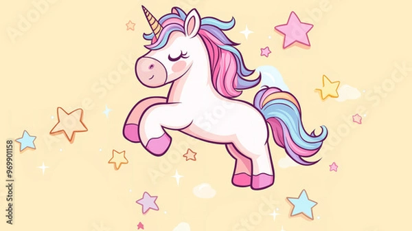 Obraz Adorable unicorns with cute kawaii character designs in a vibrant cartoon vector illustration, crafted into a seamless pattern. Perfect for children's clothing, playful home decor