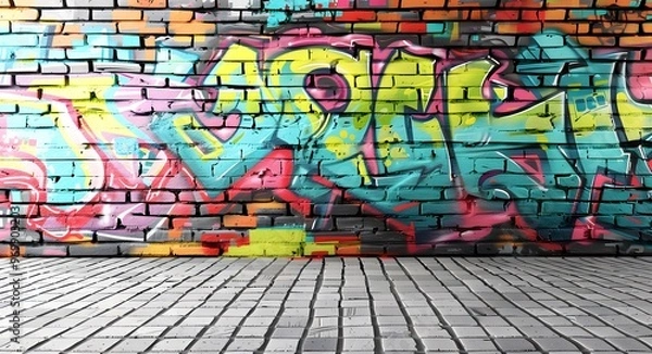 Fototapeta Colorful graffiti on building brick wall. Street art paintings.