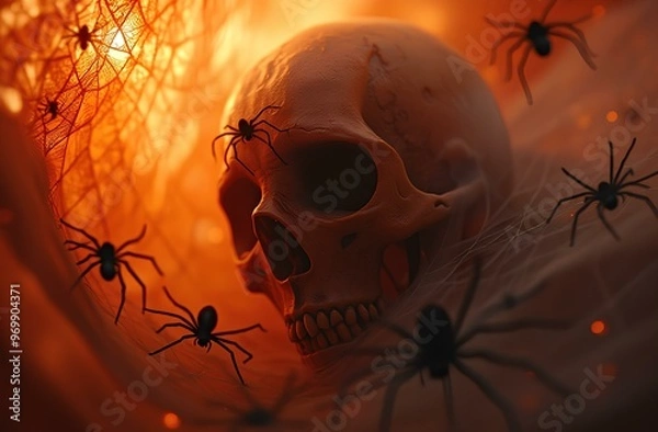 Obraz Оранжевый фон по краям приведение с паутиной и черными пауками все в стиле Halloween
