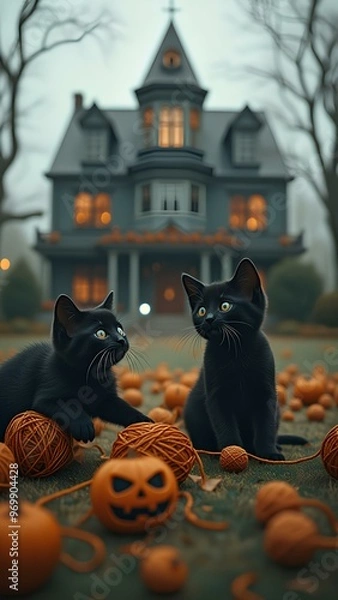 Obraz Два черный котенок играют с клубками пряжи во дворе большого дома, оформленного в стиле Хэллоуина
