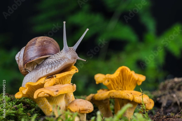 Fototapeta garden snail on moss in forest with mushroom
