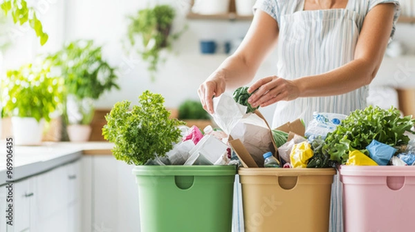 Fototapeta A person sorts recyclables and organic waste into different colored bins in a bright, clean kitchen with plants and tidy shelves in the background.