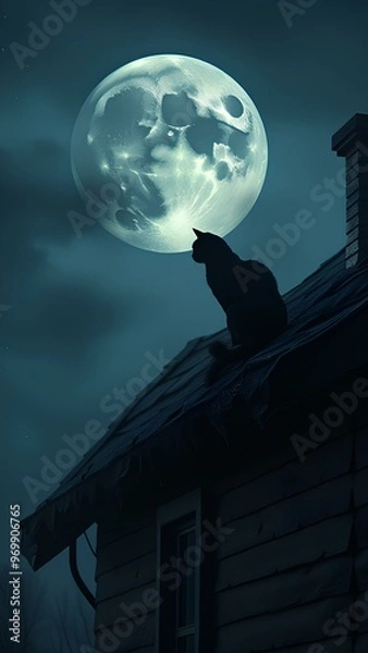 Obraz Крупный план черной кошки, стоящей на углу дома 