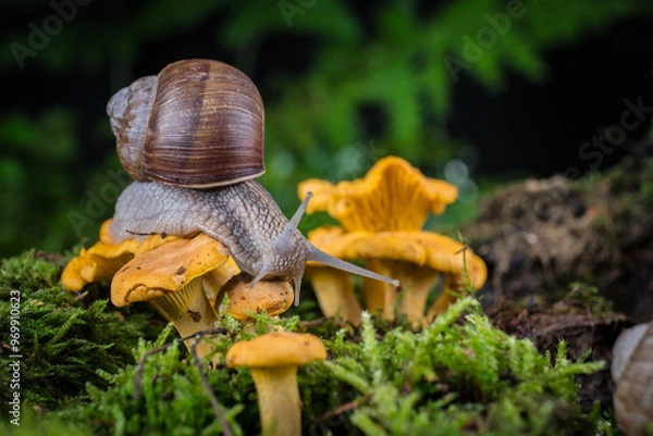 Fototapeta garden snail on moss in forest with mushroom