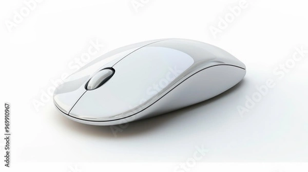 Fototapeta A close-up view of a sleek, modern, white wireless computer mouse isolated against a white background.
