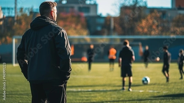 Fototapeta A coach demonstrating a tactical play on the field during a live session at a football tactics workshop