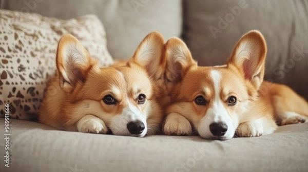 Fototapeta Two Adorable Corgi Puppies Relaxing on a Sofa