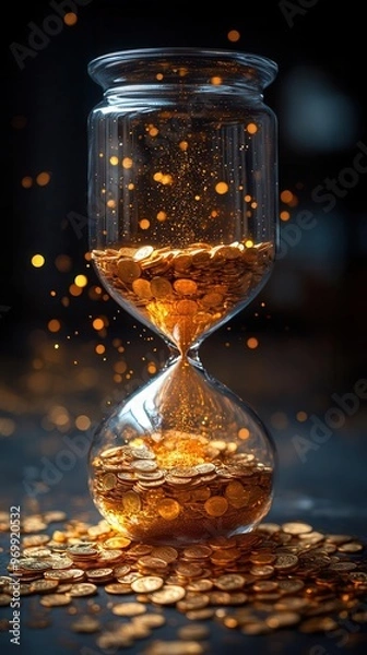 Fototapeta ethereal hourglass filled with shimmering golden coins instead of sand soft light creates a magical glow symbolizing the abstract concept of time and wealth intertwined