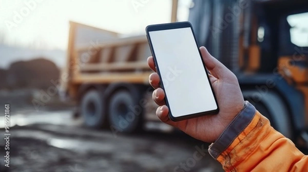 Fototapeta Construction Worker Using Smartphone with Dump Truck in Background