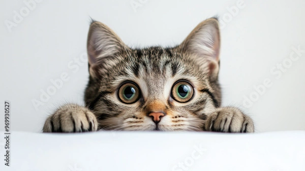 Obraz Adorable young tabby cat with big green eyes peeking over a white surface, expressing curiosity and playfulness.