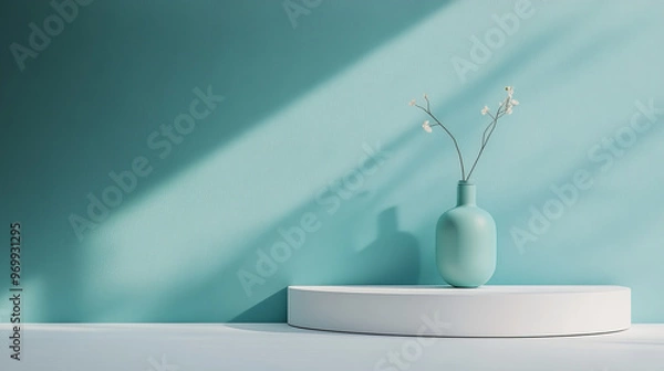 Fototapeta A simple, stylish 3D scene featuring a turquoise wall and a white platform. This minimalist backdrop is perfect for showcasing products in a modern setting.