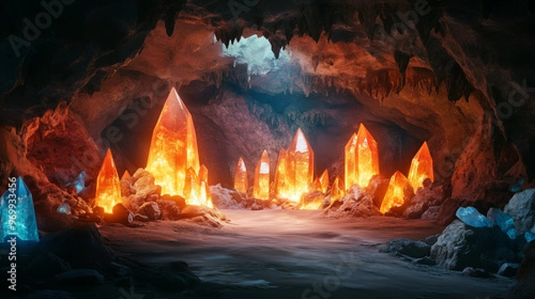 Fototapeta Glowing crystals of varying colors illuminate the dark cave, casting a mystical and ethereal light in the subterranean chamber.