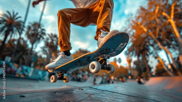 Fototapeta A skateboarder performing tricks in an urban skate park, capturing motion and energy