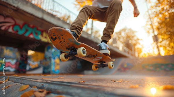 Fototapeta A skateboarder performing tricks in an urban skate park, capturing motion and energy