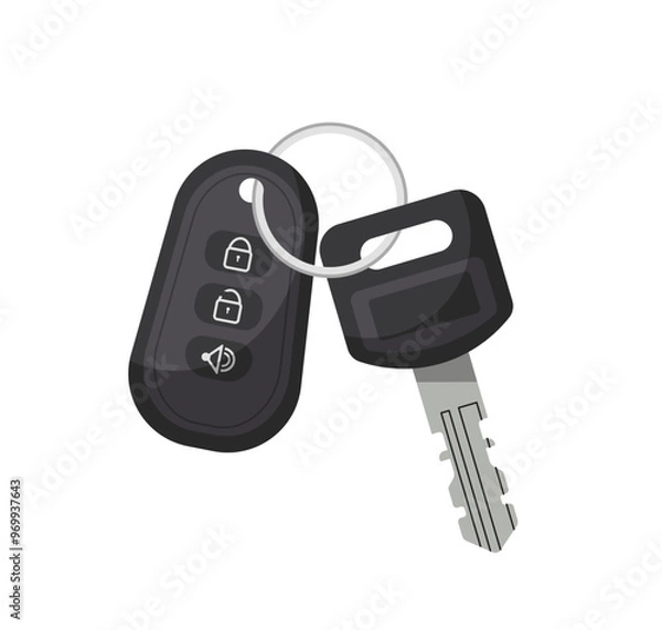 Fototapeta Car drive element. Black automobile keys with keychain. Transportation, trip and travel. Auto and vehicle. Poster or banner for website. Flat vector illustration isolated on white background