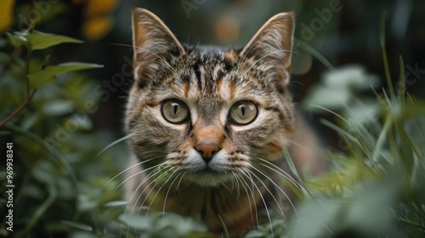 Fototapeta A curious cat exploring a lush garden in the afternoon sunlight