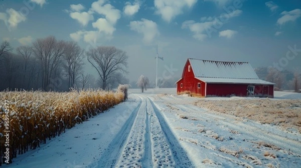 Fototapeta Winter landscape of a red barn surrounded by cornfields under a blue sky in a rural area