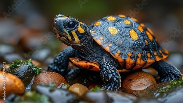 Fototapeta   A close-up image of a tiny turtle resting atop a mix of rocks and grass, with an out-of-focus background