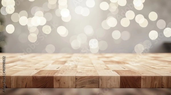 Fototapeta Empty wooden countertop and clean white bokeh wall background.