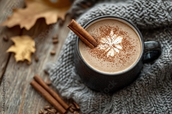 Fototapeta autumn coffee banner with cozy sweater vibes and cinnamon stick garnish, perfect for the seasons weather and vibes