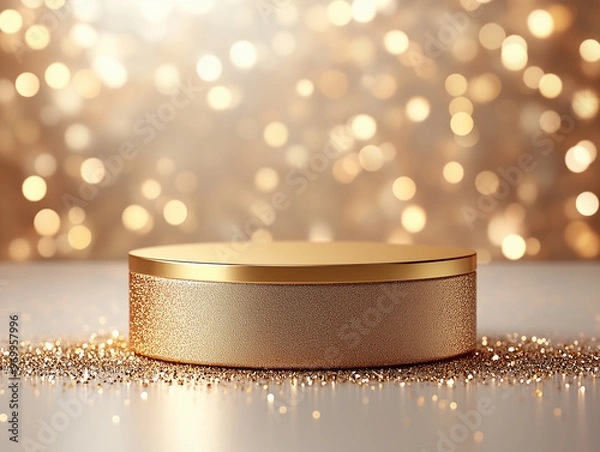 Obraz A golden pedestal rests on a shimmering surface, surrounded by sparkling bokeh lights. The atmosphere is festive, ideal for showcasing products or celebrating special occasions