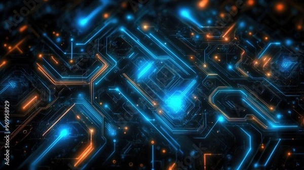 Fototapeta Abstract glowing blue and orange circuit board background.