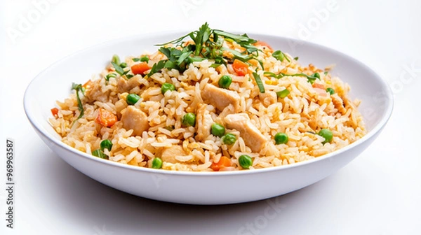 Fototapeta A bowl of delicious fried rice with vegetables and diced chicken garnished with fresh herbs on a white background.
