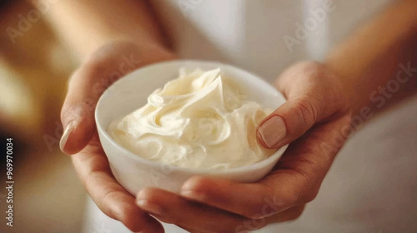 Fototapeta Show someone applying the body lotion to their skin, focusing on the smooth and soothing application process. Capture the tactile experience of massaging the lotion into the skin.