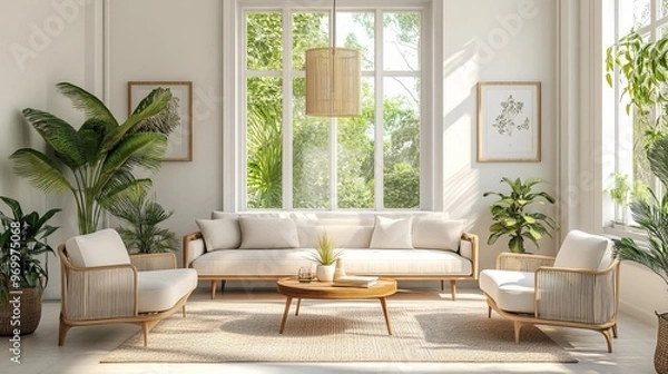 Fototapeta A cozy living room with mid-century modern furniture and plants. The white walls and sun shining through the window create a warm and inviting atmosphere