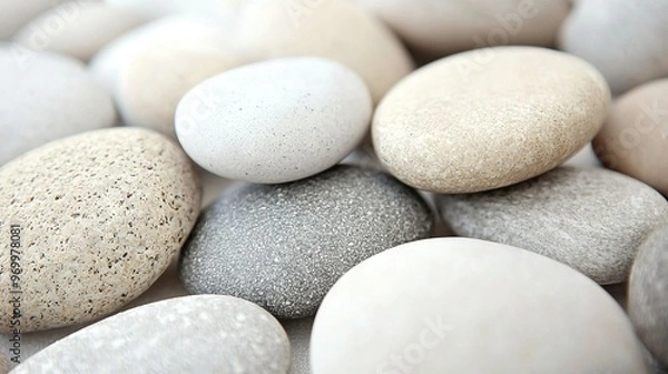 Fototapeta   A mound of white and grey stones stacked atop another mound of white and grey stones