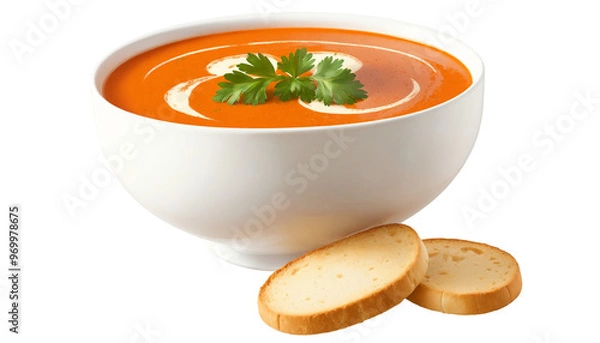 Fototapeta Tomato soup with bread on a transparent background