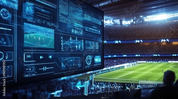 Fototapeta A TV broadcast showing detailed football analytics during a live match, enhancing the viewer experience
