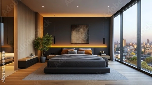 Fototapeta Modern minimalist bedroom with large windows and natural lighting during the day