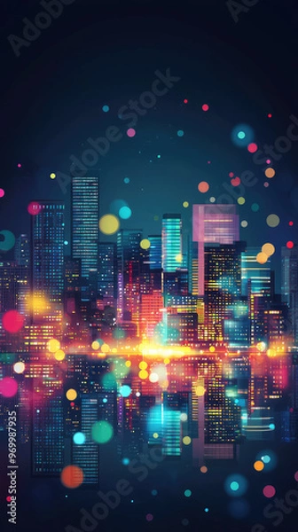 Fototapeta A vibrant city skyline at night, illuminated by colorful lights and reflections