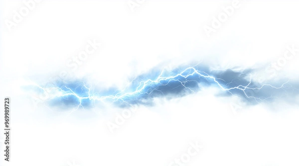 Fototapeta Dynamic lightning bolt frozen in mid-strike isolated on a white background. Weather phenomena isolated on white. Photo realistic photo.
