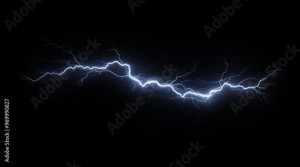 Obraz Dynamic lightning bolt frozen in mid-strike isolated on a black background. Weather phenomena isolated on white. Photo realistic photo.
