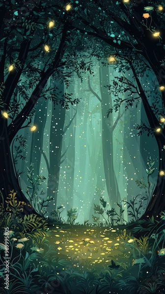 Fototapeta A serene fantasy forest with glowing lights and lush greenery