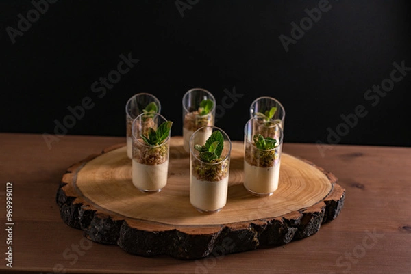Obraz Gourmet Dessert Presentation on Rustic Wooden Platter