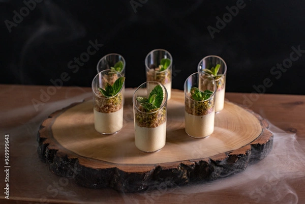 Obraz Gourmet Dessert Presentation on Rustic Wooden Platter